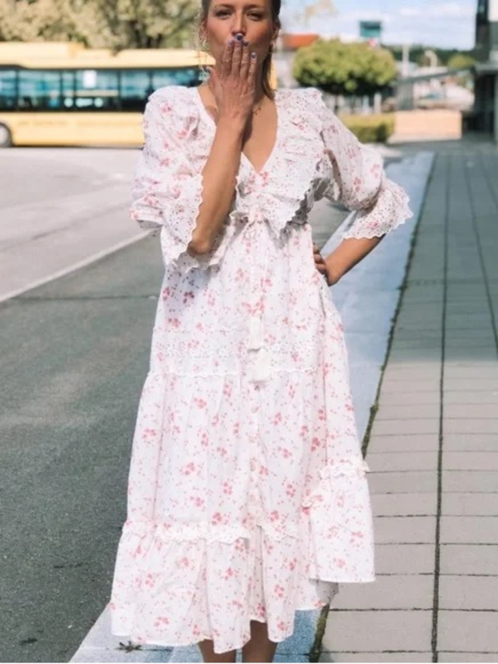 Romantic White Midi Dress with Pink Floral Print